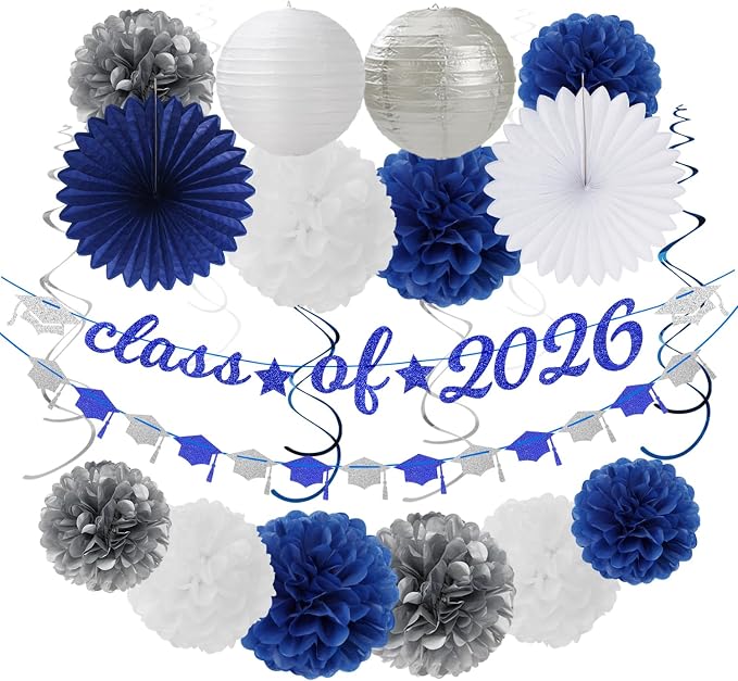 2026 Blue Class-Congratulations Prom Graduation Party-Decorations - 22pcs High School College Grad Supplies Decor,Royal Navy White Silver Tissue Pom Poms Streamers, Paper Flowers Lanterns Hugmoon
