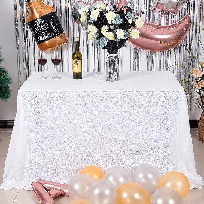 60 x 102 Inch White Sequin Tablecloth Rectangle Sparkle Table Cover for Wedding Birthday Party Festival Ceremony Cake Dessert Table Cloth