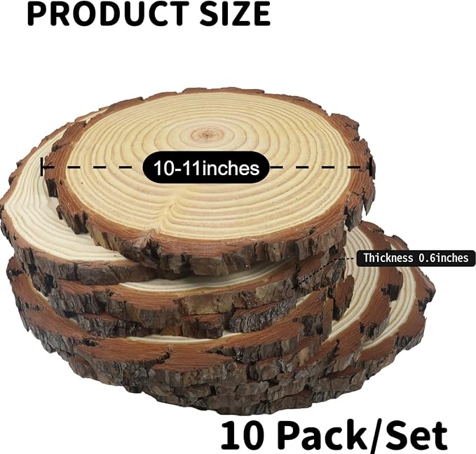 Rustic Wood Crafts Natural Wood Slices, Round Centerpiece Decor, Solid Wood, 10-11 Inch Diameter, Set of 10, for Events, Weddings, DIY Projects