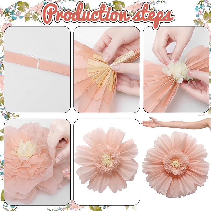 Giegxin 6 Pcs 31.5", 24" Pink and Sage Green Giant Paper Flowers Big Boho Sage Green Crepe Paper Flowers for Wall Decorations Wedding Baby Shower Birthday Bridal Shower Backdrop Classroom Party Decor