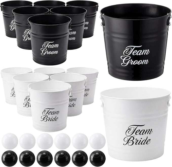 Blueweenly Wedding Giant Yard Game Bride Groom Bucket Set 12 Black White Large Buckets and 12 Balls for Wedding Reception Outdoor Games Lawn Party Fun House Parties Favors