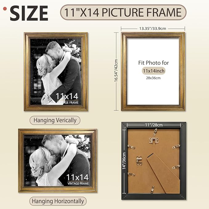 11x14 Picture Frame Set of 2 – Vintage Gold Picture Frames for Tabletop & Wall Mount, 11 x 14 Photo Frame for Living Room, Bedroom, Office Décor & Wedding Gifts