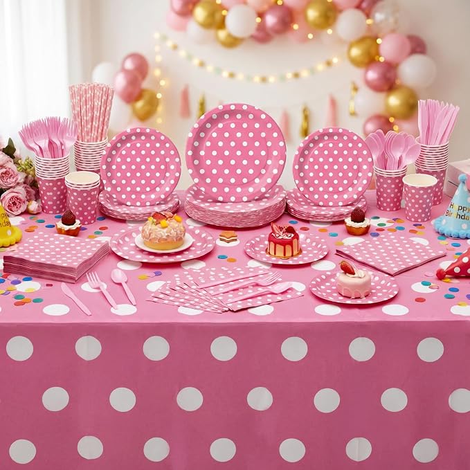 Funnymoom 452 Pcs Pink Polka Dot Party Supplies for 50, Pink and White Polka Dot Paper Plates Napkins Cups Tablecloth Cutlery Straws for Mouse Birthday Carnival Family Picnic Barbecue Party Decoration