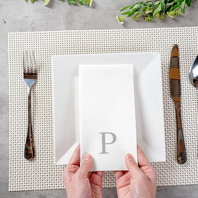 Luxenap 15.8 X 7.9 Inch Linen-Feel Guest Towels, 50 Lettered Hand Towels - Silver Letter 'P', Sans Serif Font, White Paper Dinner Napkins, airlaid, For Restrooms And Tables - Restaurantware