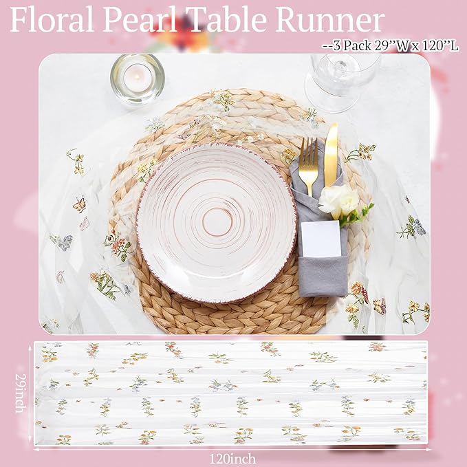 Lounsweer 3 Pcs White Wildflower Table Runner 10ft Embroidery Tulle Spring Floral Table Runner Seasonal Summer Butterfly Kitchen Dining Gauze Decoration for Wedding Baby Shower Birthday Party