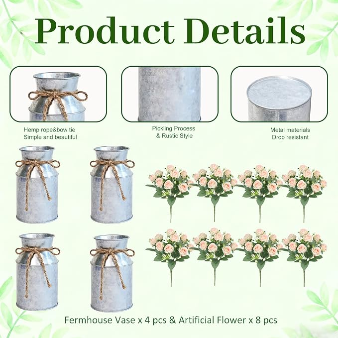 4 Sets Farmhouse Wedding Flower Centerpiece for Tables Decorations, Rustic Artificial Roses Bouquet with Metal Galvanized Vase Pot for Party Bridal Shower Event (Silver Vase & Champagne Roses)