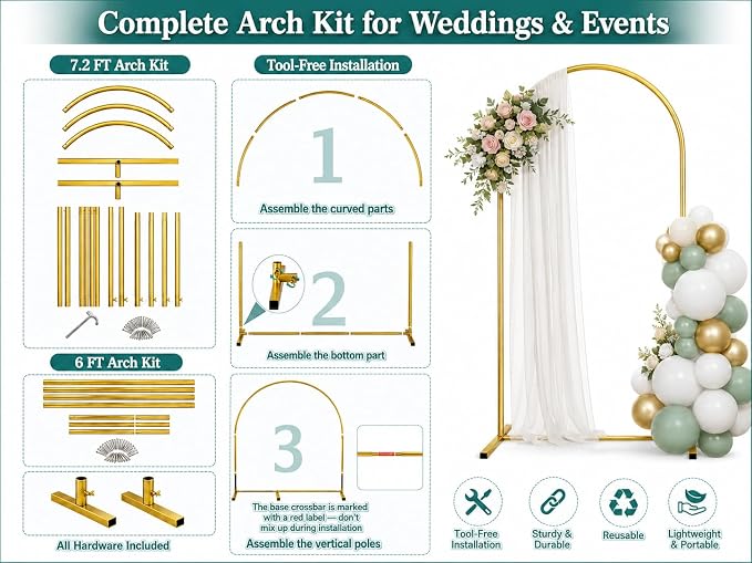 Metal Arch Backdrop Stand Set (7.2 ft + 6 ft), Wedding Arch Frame, Stable Backdrop Stand with Square Base Ground Pegs, Suitable for Birthday Parties, Baby Shower Wreath Decorations (2-Piece Set)