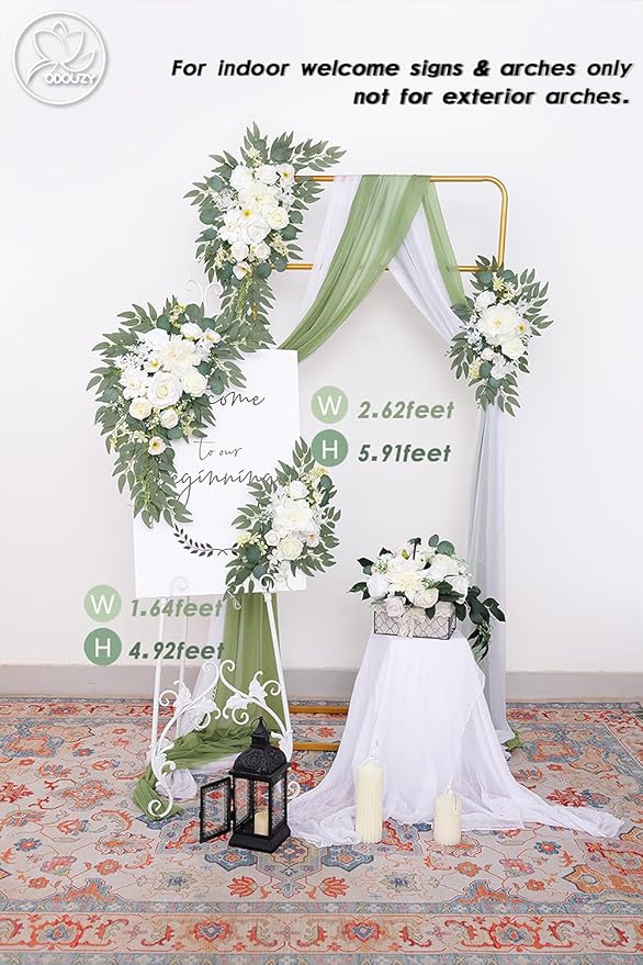 Odouzy Pack of 2 Wedding Arch Decorations Artificial Hanging Flowers Floral Swag for Wedding Welcome Sign Backdrop Balloon Arch Home Party Bridal Ceremony Reusable(New White)