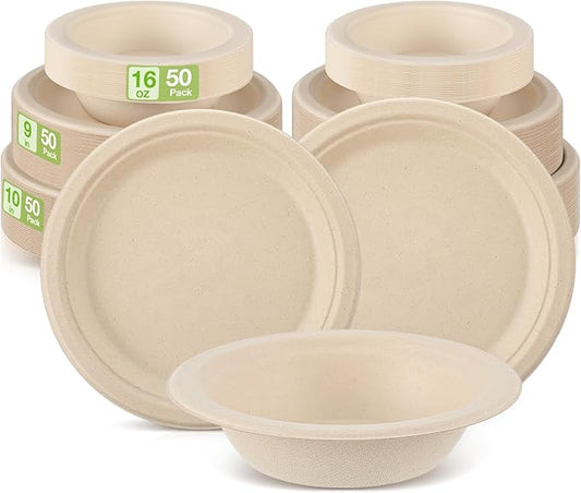 Havawish 150 Pcs Compostable Paper Plates and Bowls Set 9 Inch 10 Inch Disposable Plate 16oz Biodegradable Bowls for 50 Guests Party Dinner Party Supplies Bulk, Wood