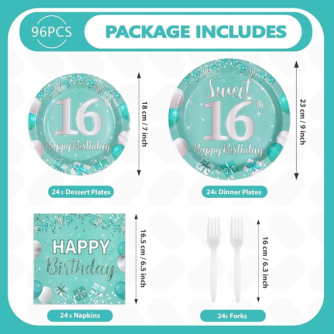 96Pcs Teal 16th Birthday Party Supplies Teal and Silver Sweet 16 Plates and Napkins Tableware Sets Sixteen Party Decorations for Teens Boys and Girls 16 Years Old Birthday Supplies Serves 24