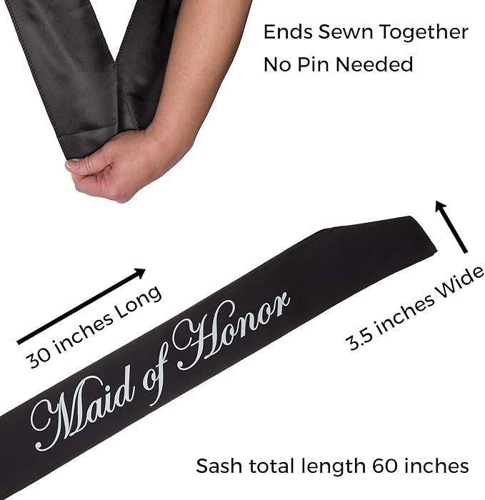 Ella Celebration Maid of Honor Sash, Black Satin Double Layer Bridal Party Sashes for Bachelorette Party (Maid of Honor Black)