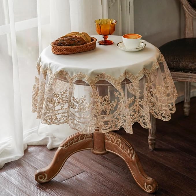 ARTABLE Lace Tablecloth Rectangle Waterproof Table Cover with Exquisite Macrame Border for Wedding Kitchen Holidays Party Decor (Beige, 36 Inch Round)