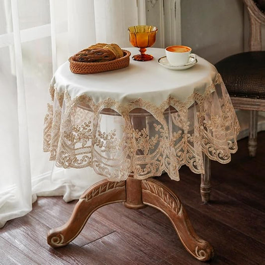 ARTABLE Lace Tablecloth Rectangle Waterproof Table Cover with Exquisite Macrame Border for Wedding Kitchen Holidays Party Decor (Beige, 36 Inch Round)
