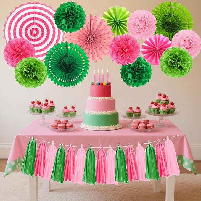 Witch Theme Party Decorations Set Colored Pink and Green Birthday Party Hanging Paper Fan Tissue Pom Poms Streamers Summer Party Supplies Tassel Garland Banner