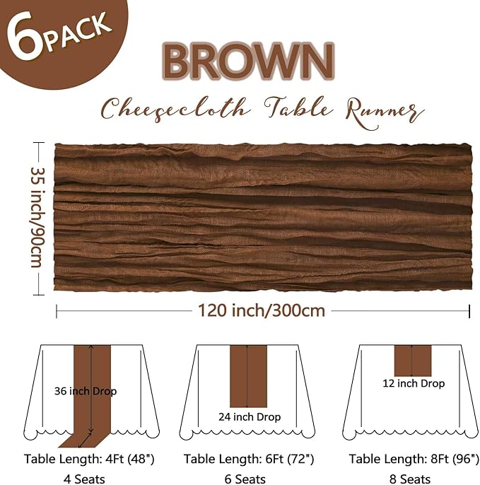 6 Pack Brown Cheesecloth Table Runner 10Ft Gauze Cheese Cloth Table Runner 35x120 Inch Boho Sheer Rustic Fabric for Party Decor Baby Shower Wedding Holiday Decorations
