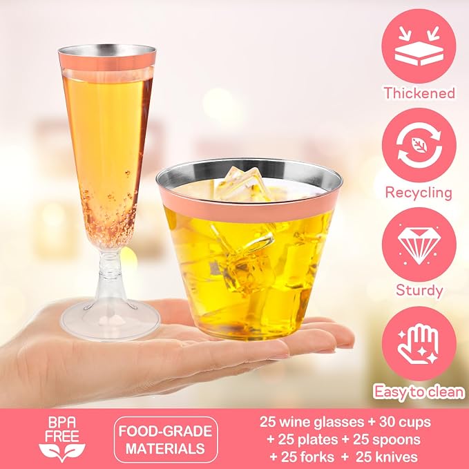 150PCS Rose Gold Plastic Plates Set for 25 Guests, 7.5" Small Disposable Dessert Plates with 9oz Cups,5oz Champagne Flutes & Spoons, Forks & Knives for Birthday, Wedding & Elegant Party Supplies