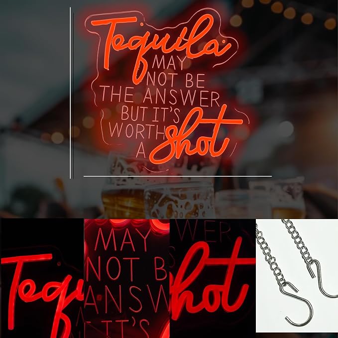 Tequila May Not Be The Answer But It's Worth A Shot Neon Sign, Tequila Bar Neon Light for Home Bar Man Cave Wall Decor Tequila Lover Gift Dimmable Beer LED Sign