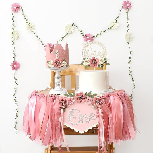 Wildflower 1st High Chair Banner Birthday Decorations For Girls Dusty Pink Flower Cake Topper Hat Floral Theme Party Decoration