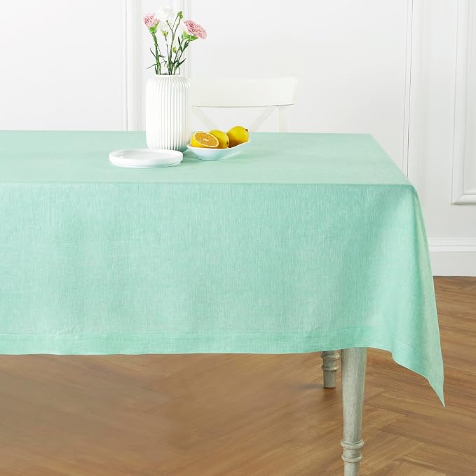 Solino Home Linen Tablecloth 60 x 108 Inch - 100% Pure Linen Chambray Aqua Table Cloth for Rectangle Tables - Athena, Machine Washable Tablecloth for Summer