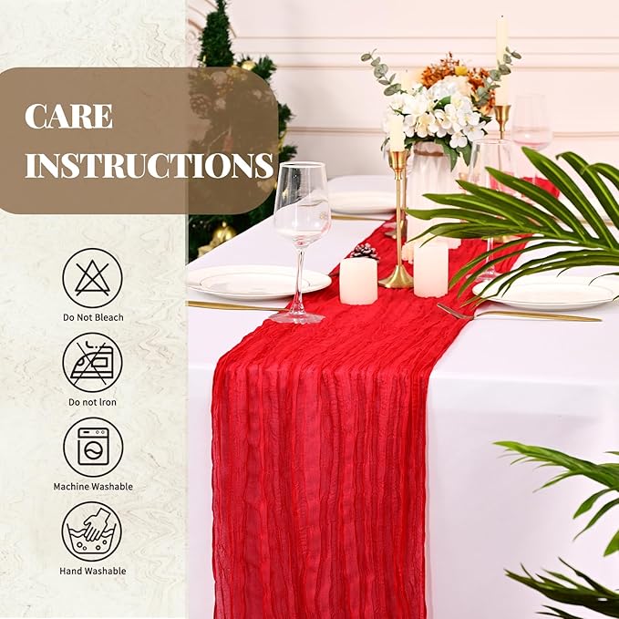 24 Pack Cheesecloth Table Runner,Red Table Runner Long Romantic Semi Sheer Rustic Boho Gauze Table Runners for Wedding Bridal Shower Birthday Party Decorations(17.7×108 Inch)