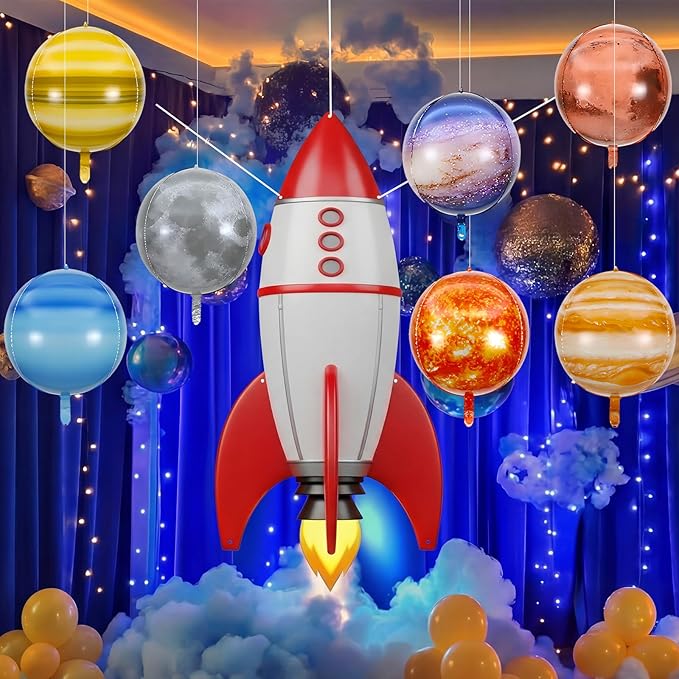 Thenshop Space Classroom Galaxy Decor for 2026 Vbs Ceiling Ornament, 34.45 x 70.87 inch Rocket Ship Backdrop Banner Solar Balloons LED Fairy Lights for Vacation Bible School Class Decor