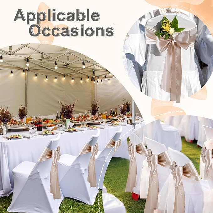 Lounsweer 50 Pcs Folding Chair Cover Set with 25 Stretch Spandex Slipcovers 25 Satin Chair Sashes Bows Ribbon Washable Banquet Protector for Wedding Event Party(White, Light Champagne)
