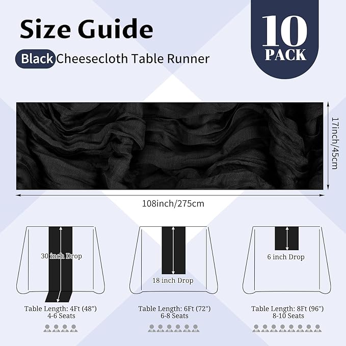 10 Pack Black Cheesecloth Table Runner 17x108 Inch Semi Sheer Boho Gauze Cheese Cloth Table Runners, for Wedding Bridal Shower Birthday Party Home Decor Garden Farmhouse