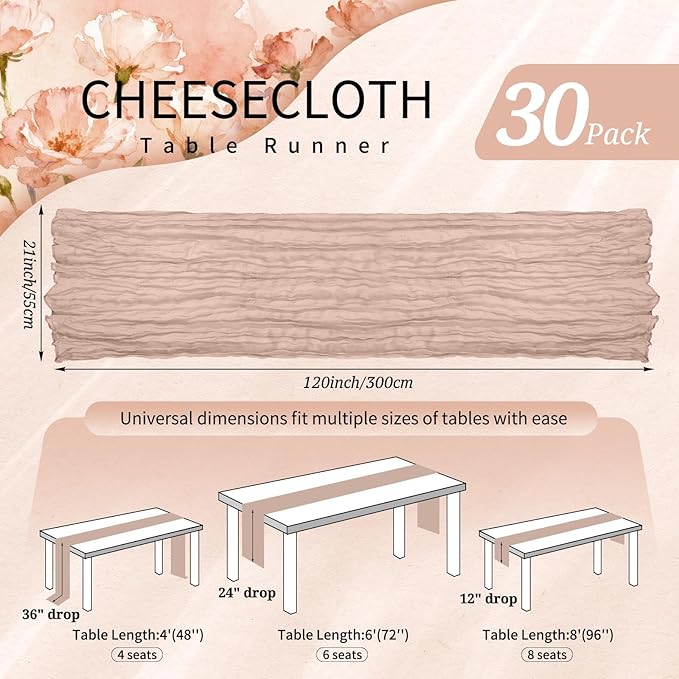 30 Pack Cheesecloth Table Runner 10FT Dusty Pink Table Runner Boho Gauze Cheese Cloth Table Runners Long Rustic Sheer Table Decorations for Wedding Party Baby Bridal Shower Birthday Holiday Home