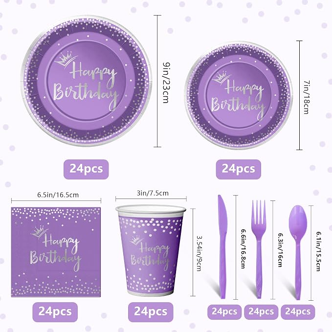 168 Pieces Purple Silver Birthday Plates and cups and Napkins Party Supplies Set,Disposable Spoons Knifes Forks Birthday Favors Set,Serves 24