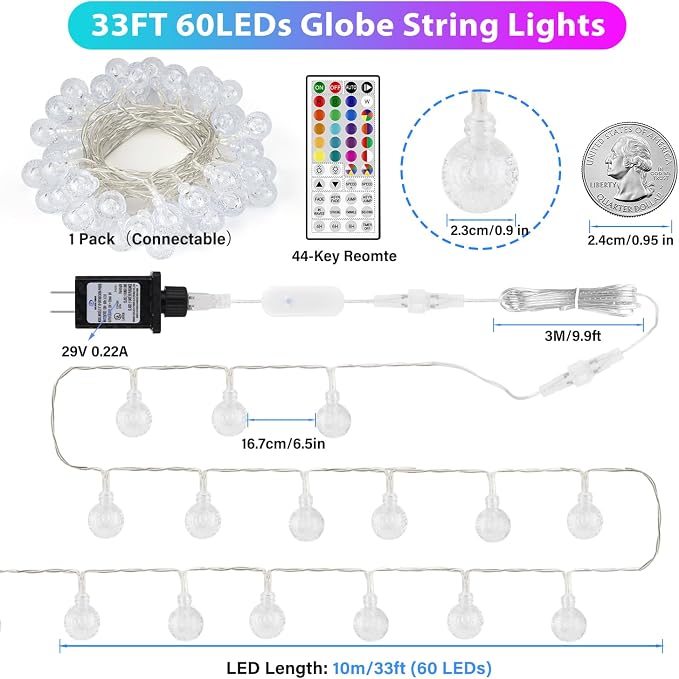 Color Changing String Lights Plug in, 33ft 60LED Connectable Crystal Globe String Light Remote, Decorative Outdoor Twinkle Lights for Girl Gift Bedroom Patio Garden Tent Camp Party Christmas Décor