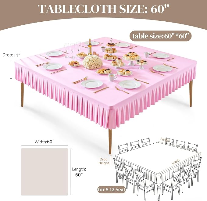 Wish Care Pink Spandex Tablecloths for 60x60 Inch Square Tables, Stretch Fitted Table Clothes with Pleated Ruffle Skirt for 60” Table, Wrinkle Free and Elastic, for Party Kitchen Home Dining