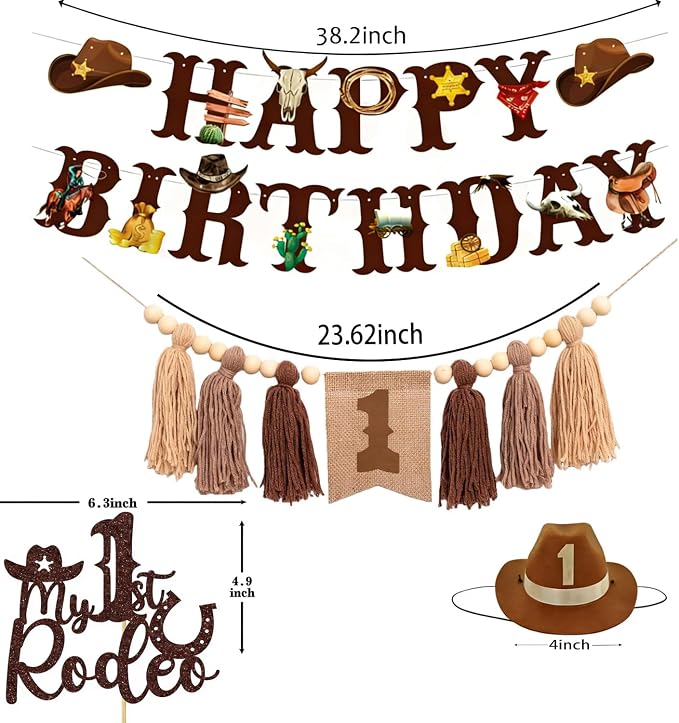 Western Cowboy 1st Birthday Decorations Boy-My First Rodeo Felt Birthday Banner Western Rodeo First Birthday High Chair Banner With Rodeo Cake Topper & Cowboy Hat，Cowboy First Birthday Decorations