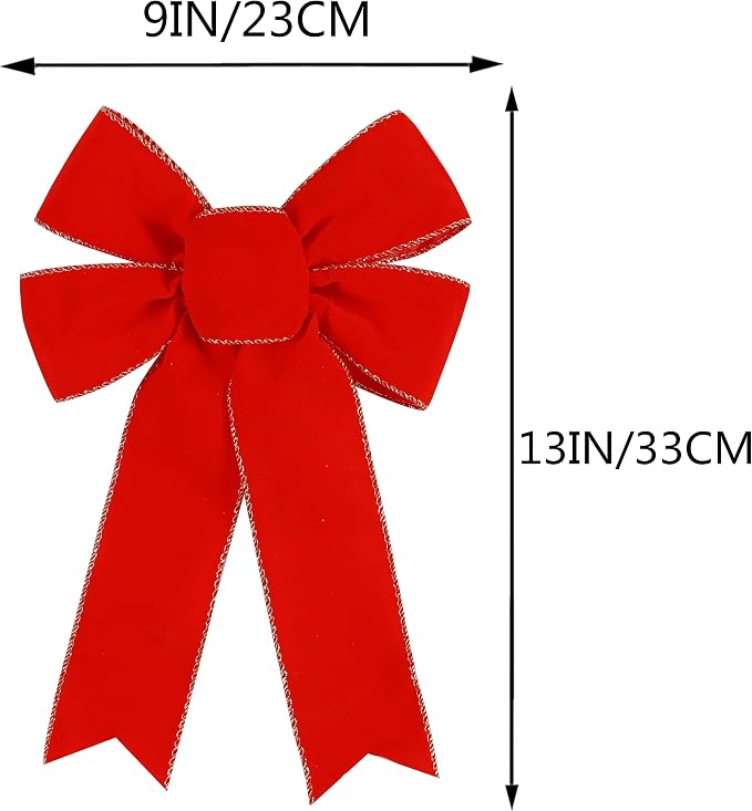 Hongsome 10 Pack Red Bows Christmas Tree Decorations,9”x13”Large Velvet Ornament Bow with Glitter Gold Edge for Xmas Home Wreath Fence Stairs Railing Fireplace Indoor Outdoor Front Door Decor