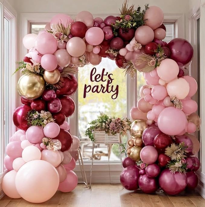 Burgundy Pink Balloon Garland Double Stuffed Pastel Light Pink Gold Mauve Balloons Maroon Lavender Latex Plum Balloon Arch Kit for Birthday Galentine Wedding Baby Shower Decoration