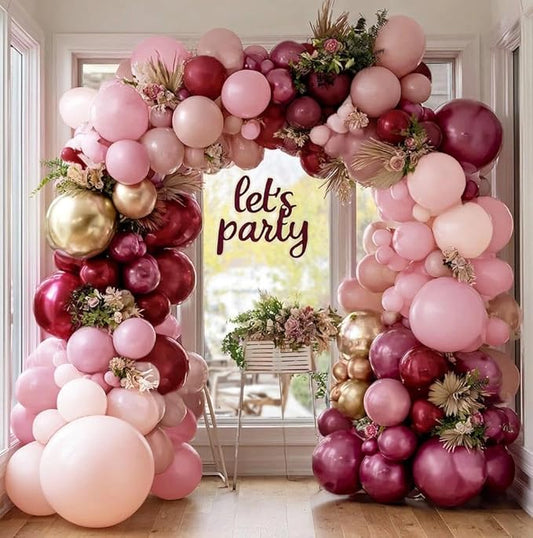 Burgundy Pink Balloon Garland Double Stuffed Pastel Light Pink Gold Mauve Balloons Maroon Lavender Latex Plum Balloon Arch Kit for Birthday Galentine Wedding Baby Shower Decoration