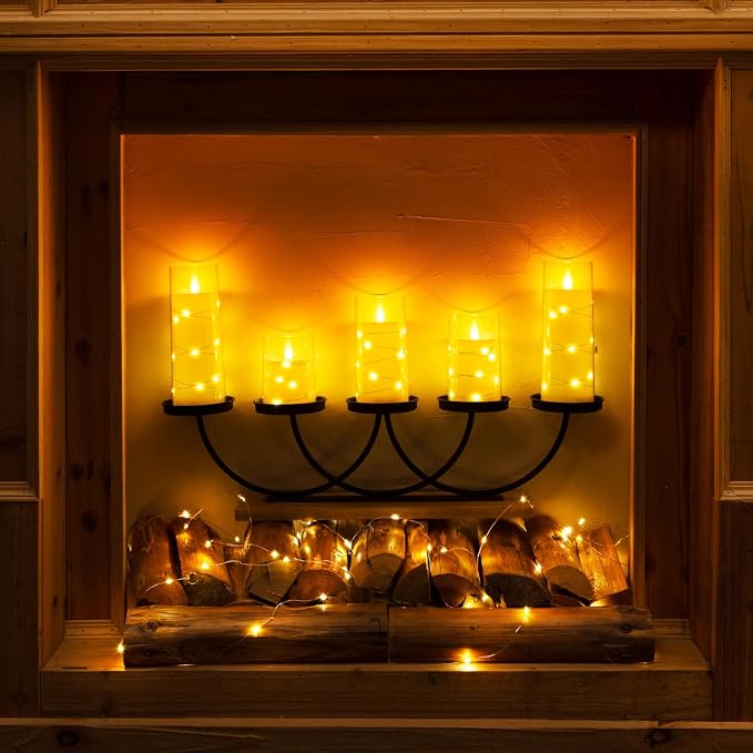 Homemory Flameless Candles with Embedded Star String Fairy Lights, Battery Operated Candles, LED Candle, Fake Candles with Remote Control and Timer, Ivory, Set of 5(H4 5" 6" 8" 8")