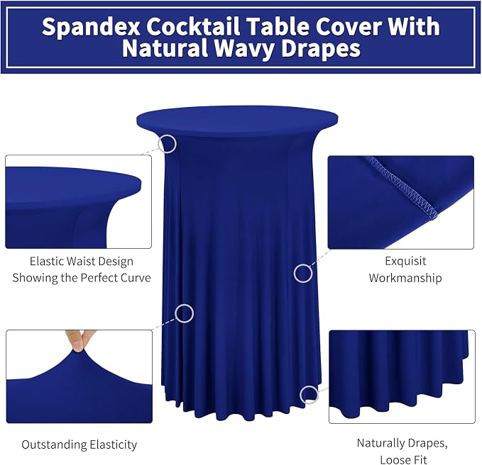 6 Packs Round Cocktail Table Skirt 32"x 43" Spandex Stretch Cocktail Tablecloth with Wavy Drapes, Royal Blue Spandex Fitted High Top Table Covers for Wedding Bar Party Birthday Banquet Tables