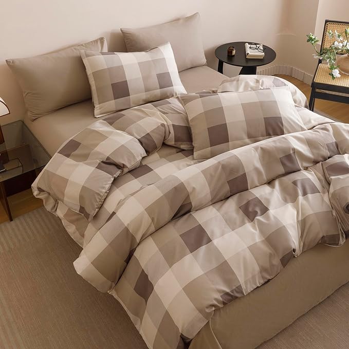 KAREVER Gingham Checkered Comforter King Khaki Plaid Bedding Set Boys Girls Colorful Grid Cottagecore Blanket King