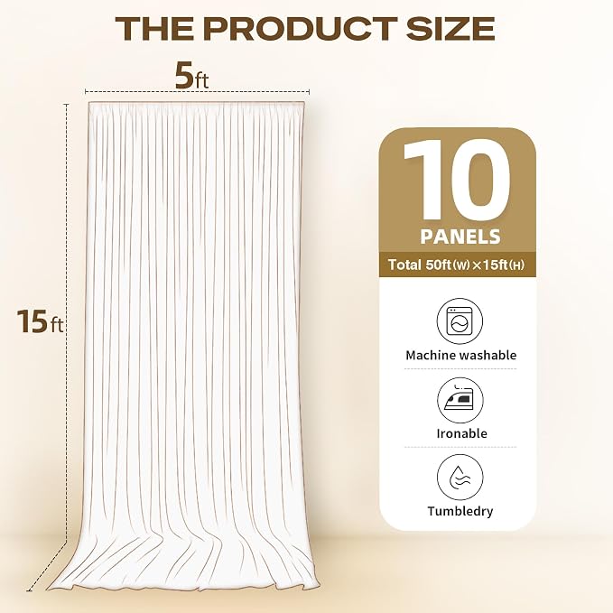 50ftx15ft Brown Backdrop Curtains for Parties, Wrinkle Free Polyester Brown Photo Backdrop Drapes 10 Panels 15 ft Long Back Drop Cloth for Wedding Birthday Photography Background Party