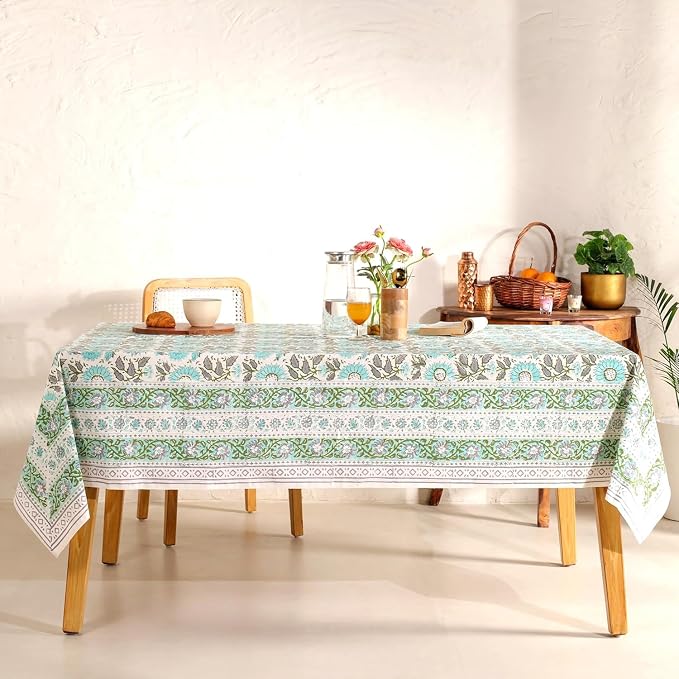 Hand Block Printed Tablecloth, Colorful Floral Print, Indian Artisan Handmade Art, Dining Room, Kitchen, Outdoor Décor, (Flamingo Bloom, 12 Seater 72 x 135 Inches Rectangle)