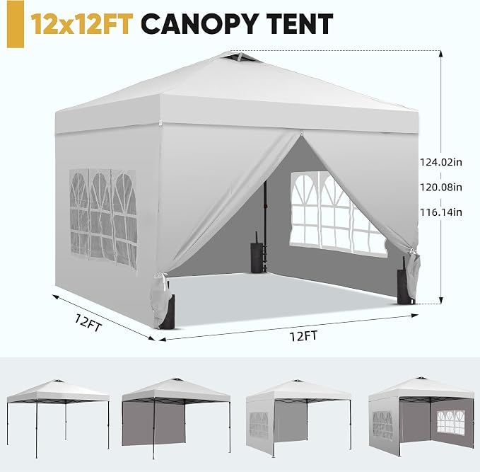 GDY 12x12ft Pop Up Canopy Tent with 4 Sidewalls, with Center Lock, 3-Level Height Adjustment, Wheeled Bag, for Gardens, Poolside, or Patio Lounge Spaces, White