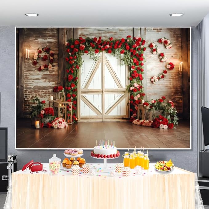 7x5ft Red Rose Brick Wall Wood Door Backdrop for Wedding Bridal Shower Party Decorations Mother's Day Valentine's Day Engagement Backdrops Portrait Photo Booth Props