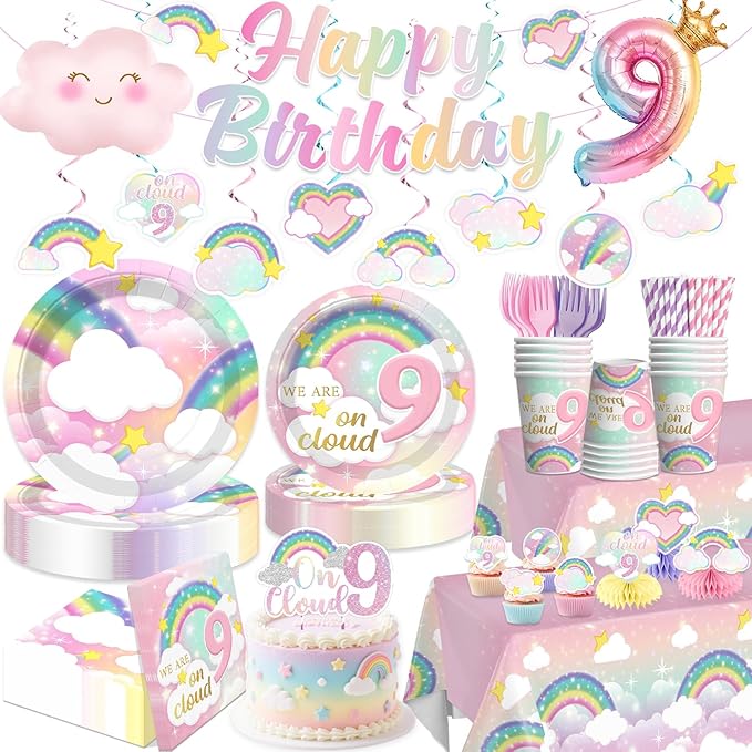 Xynic 200Pcs On Cloud 9 Birthday Decorations for Girls, All-in-One Party Supplies Includes Banner, Cake Toppers, Foil Balloons, Plates and Napkins, Easy Setup On Cloud Nine Party Decor, Serves 25