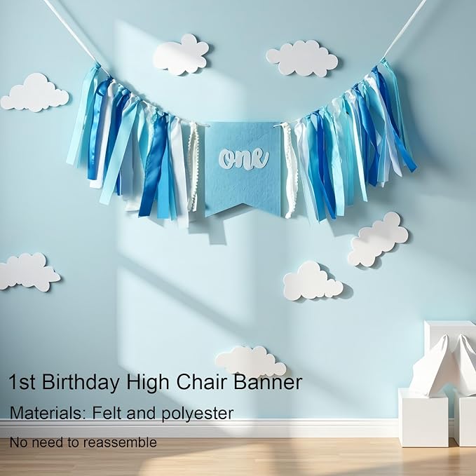 First Birthday Decorations for Boy - Complete Party Set with High Chair Banner, Number 1 Balloon, One Cake Topper, Crown, Balloons & Birthday Banner(Blue)