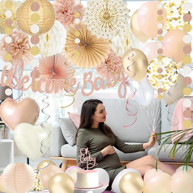 Champagne-Gold Baby Shower Decorations For Girl,65pcs Beige Fall Boho Party Décor with Netural Balloon,Welcome Banner,Sweet Peach Paper Fan Lanterns Pom Poms,Baby-Girl Party Favors Rustic Backdrop