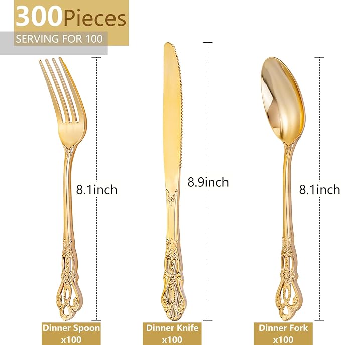 300Pieces Gold Plastic Silverware - Heavy Duty Gold Disposable Utensils - Vintage Plastic Cutlery Set Includes 100 Forks, 100 Spoons, 100 Knives for Dinner Parties Weddings