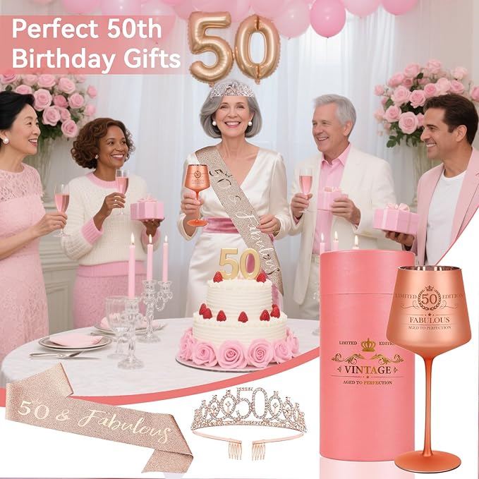 50TH Birthday Gifts for Women,Vintage Engraved 50th Wine Glass,50 Year Old Birthday Decorations For Her,50&Fabulous Sash and Tiara For Women,Friends,Sister-Turning 50th Party Favor Supplies