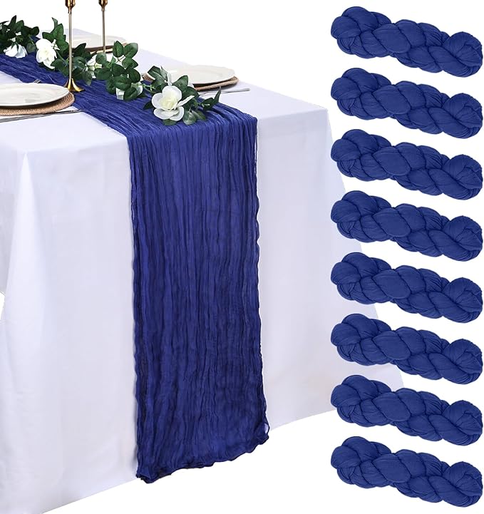 8 Pack Royal Blue Cheesecloth Table Runner 10ft Boho Gauze Fabric 120 Inch Cheese Cloth Table Runner Rustic Sheer for Holiday Baby Shower Party Décor Home Wedding Decoration