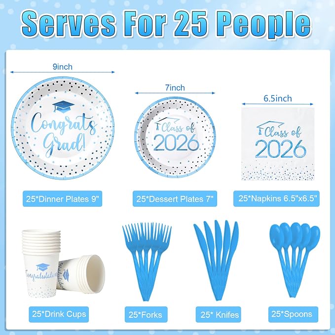 175pcs Class of 2026 Graduation Plates and Napkins Set, Disposable Paper Plate Set Polka Dots Napkin Cups Knife Fork Spoon for Graduation Party Decorations and Supplies,Serve 25 (White LightBlue)