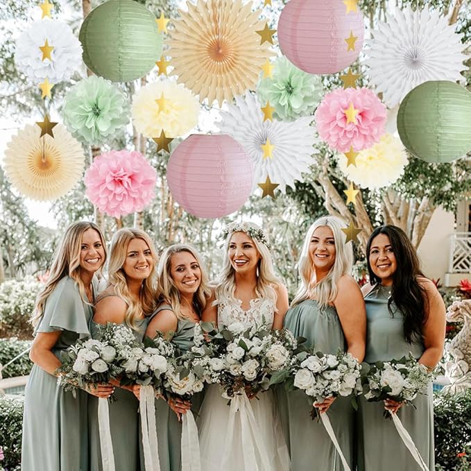 Sage Green and Pink Party Decorations Paper Lanterns Decorative Pink Gold Tissue Paper Pom Poms Sage Green Party Decorations Gold Star Garland for Baby Shower Bridal Shower Birthday Wedding Engagement